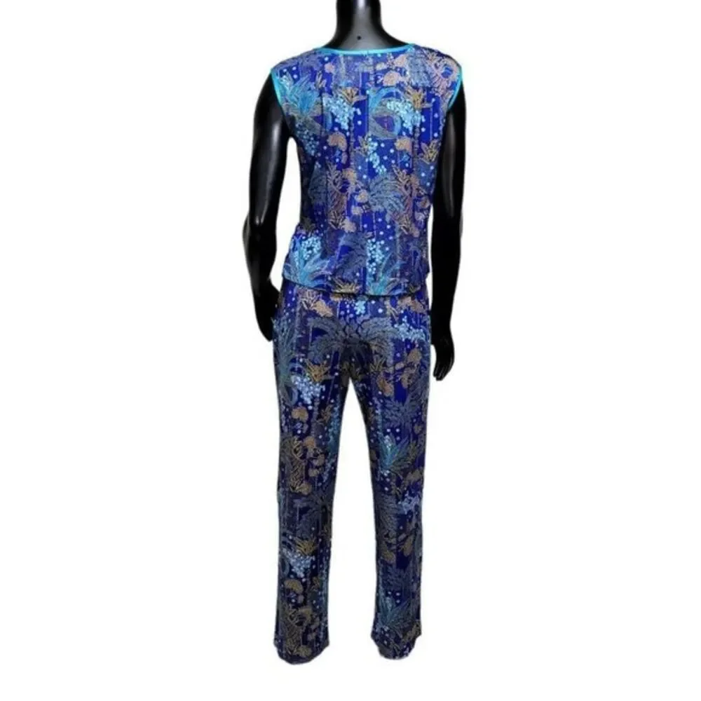 Vintage 70s Blue Tropical‎ Print Pant Set Womens M Lounge Resort Mod 2 Piece